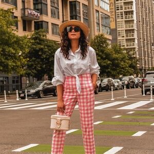 Zara Pink and White Checkered Straight Leg Pants